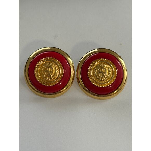 Vintage Liz Claiborne Gold Tone & Red Enamel Statement Eariings - Picture 1 of 3